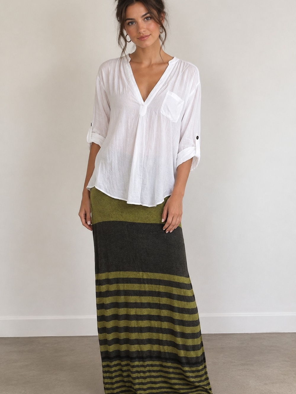 Striped Olive & Charcoal Maxi Skirt — Women's Long Knit Skirt